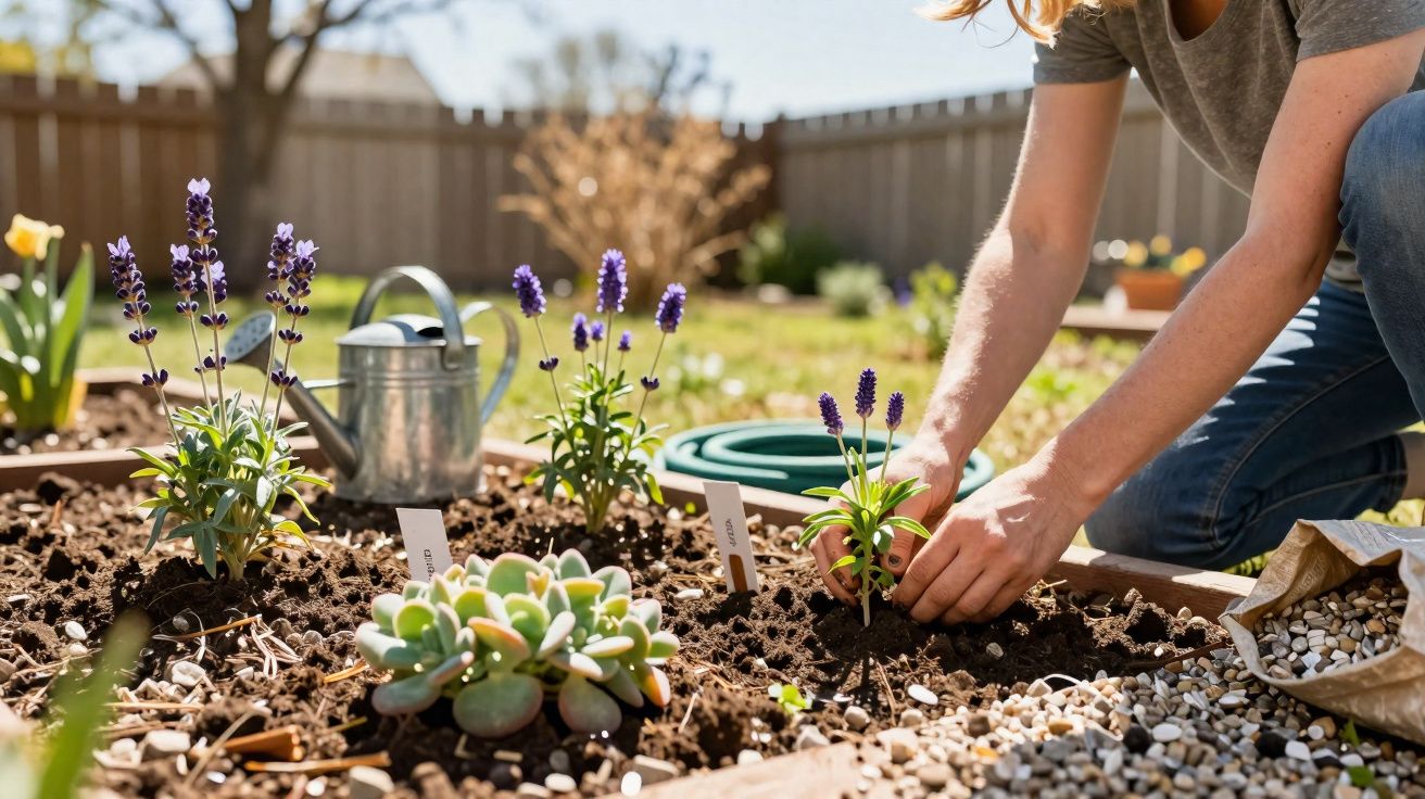 Pessoa a plantar flores roxas num canteiro de jardim com regador e mangueira ao fundo.