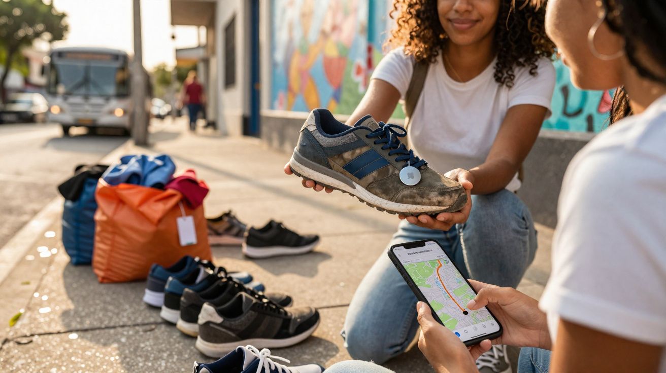 Duas mulheres junto a vários pares de ténis na rua, uma entrega um ténis sujo e a outra segura um telemóvel.