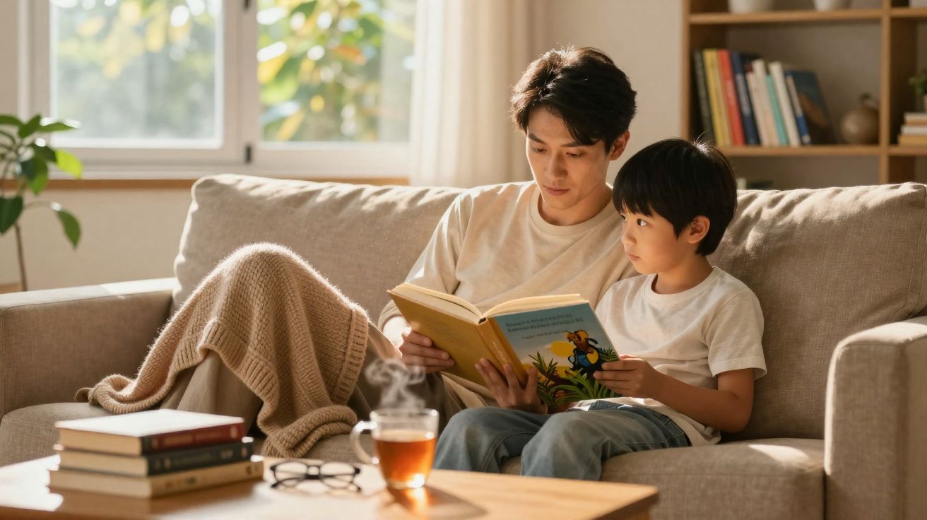 Homem e menino sentados no sofá a ler um livro numa sala iluminada com chá na mesa à frente.