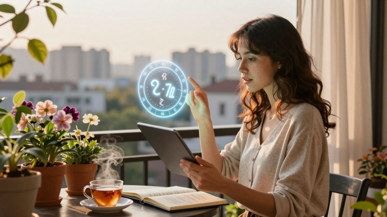 Mulher sentada na varanda com tablet, chá quente e plantas, interagindo com holograma digital circular.