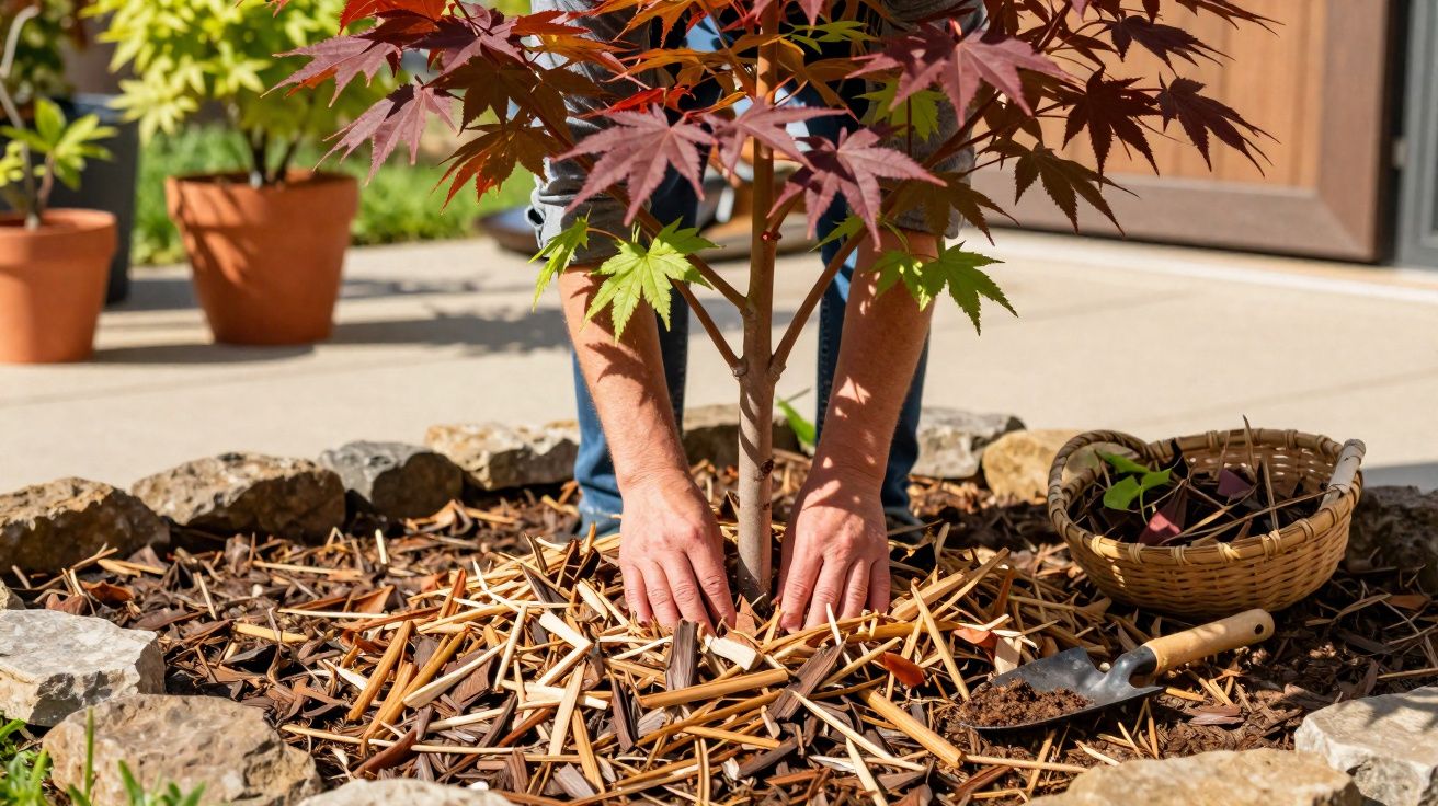 Pessoa a cuidar e a plantar árvore jovem com folhas vermelhas e verdes num canteiro rodeado de pedras.