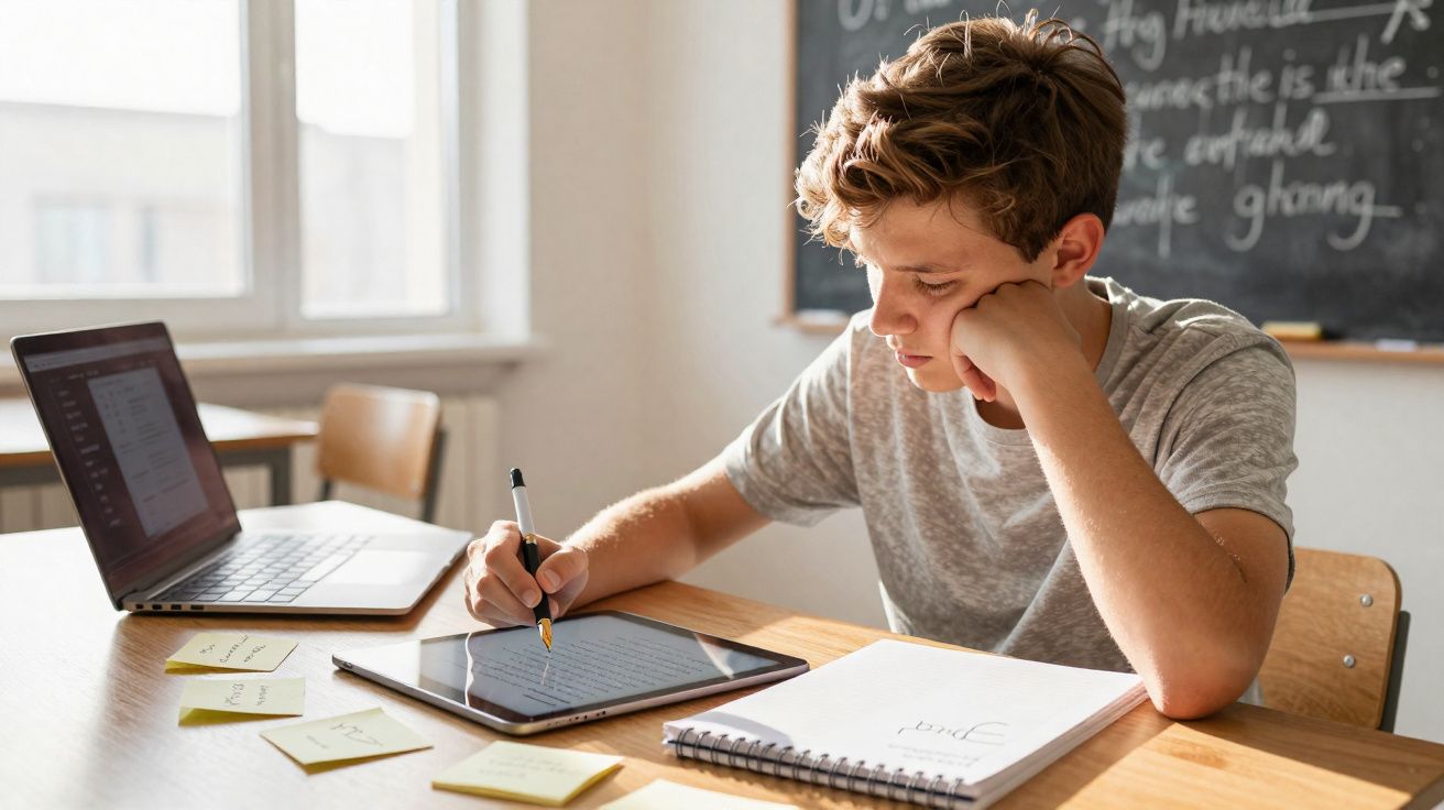 Jovem sentado a estudar com tablet, portátil, caderno e notas adesivas numa sala de aula iluminada.