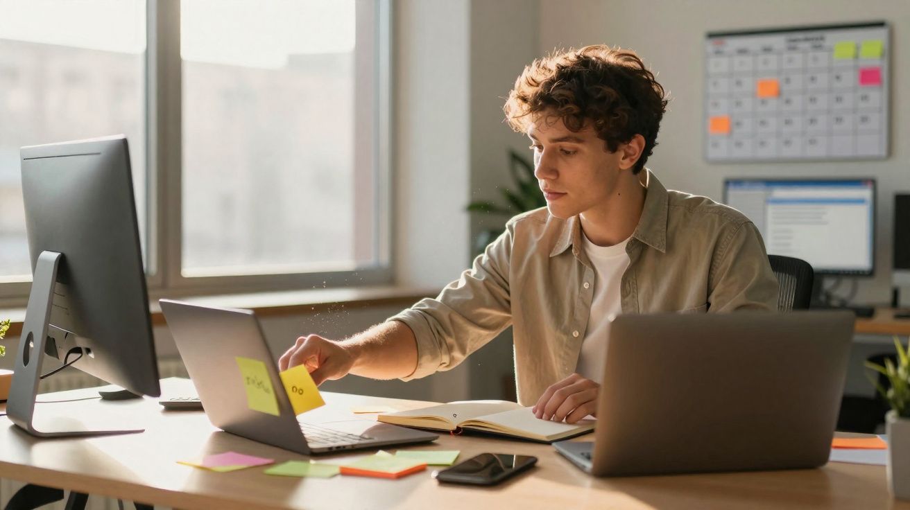 Jovem a trabalhar num escritório, rodeado de dois computadores, caderno e notas adesivas numa secretária.