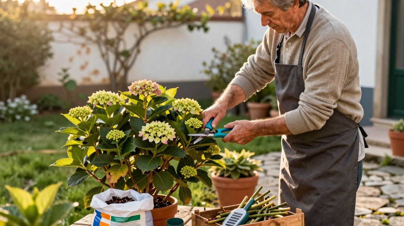 Homem sénior a aparar um arbusto florido num jardim ensolarado, com ferramentas e terra à sua frente.