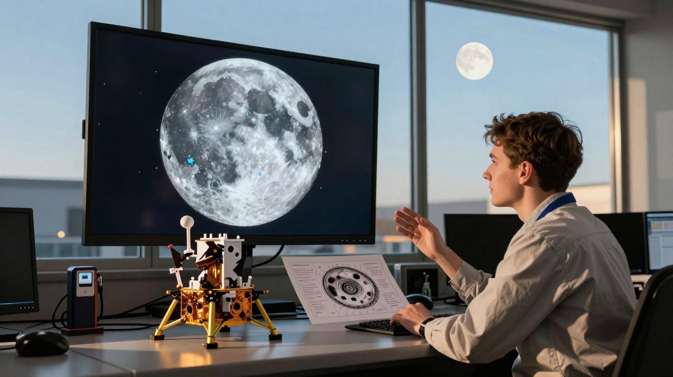 Homem numa mesa com modelo lunar analisa imagem da Lua exibida no monitor, com a Lua visível na janela.