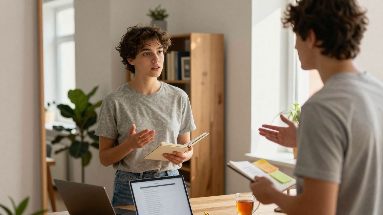 Duas pessoas a discutir trabalho enquanto seguram cadernos, com laptop e chá numa mesa iluminada por janela.