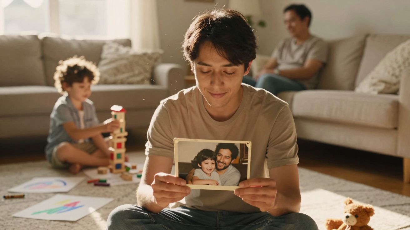Homem jovem sentado no chão a olhar uma foto antiga, com criança a brincar e outra pessoa ao fundo na sala.