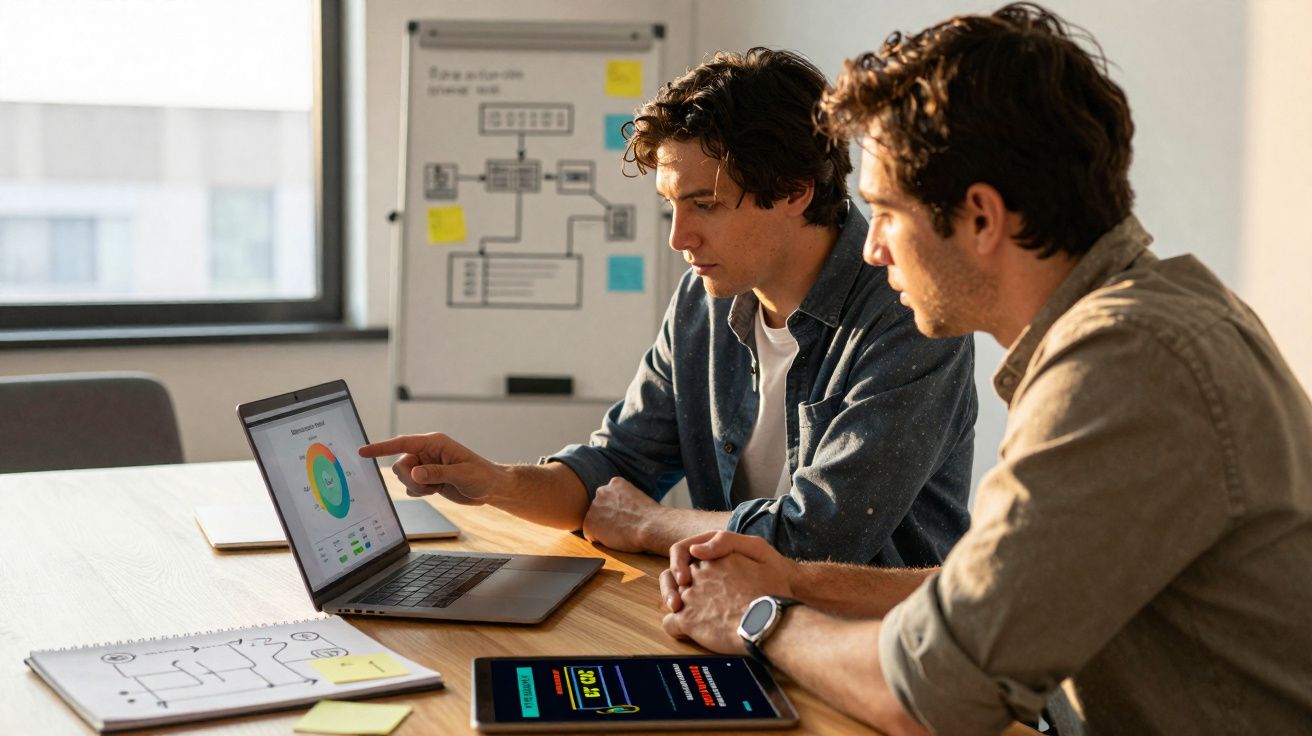 Dois homens analisam gráficos num computador portátil numa mesa de reunião com tablet e notas.