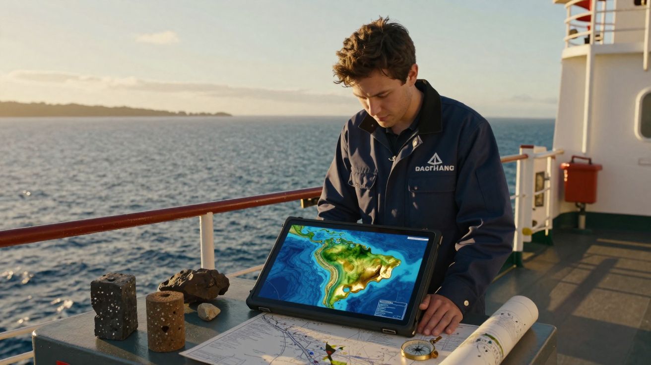 Homem a analisar mapa digital e físico num navio com vista para o mar ao pôr do sol.