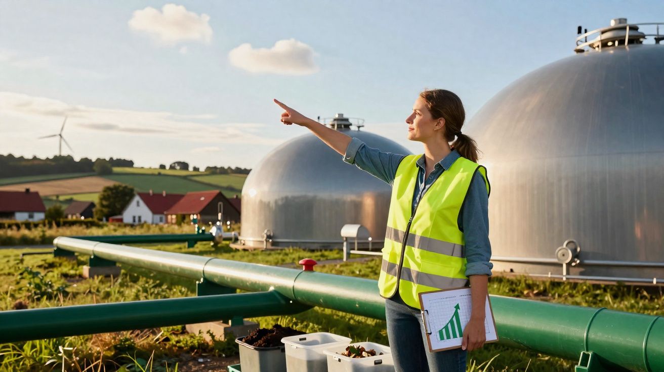 Mulher com colete refletor aponta para a frente em estação de tratamento com biodigestores e turbinas eólicas ao fundo.