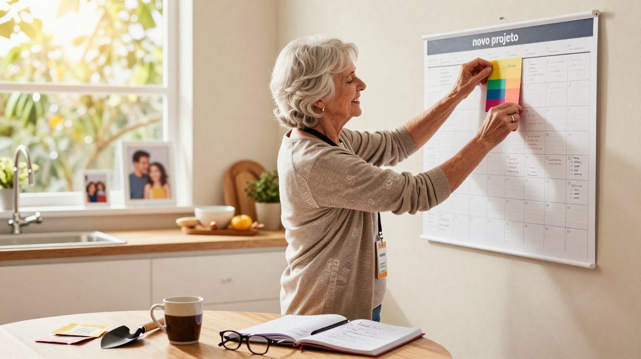 Mulher sénior organiza notas coloridas num calendário mensal intitulado "novo projeto" numa cozinha iluminada.