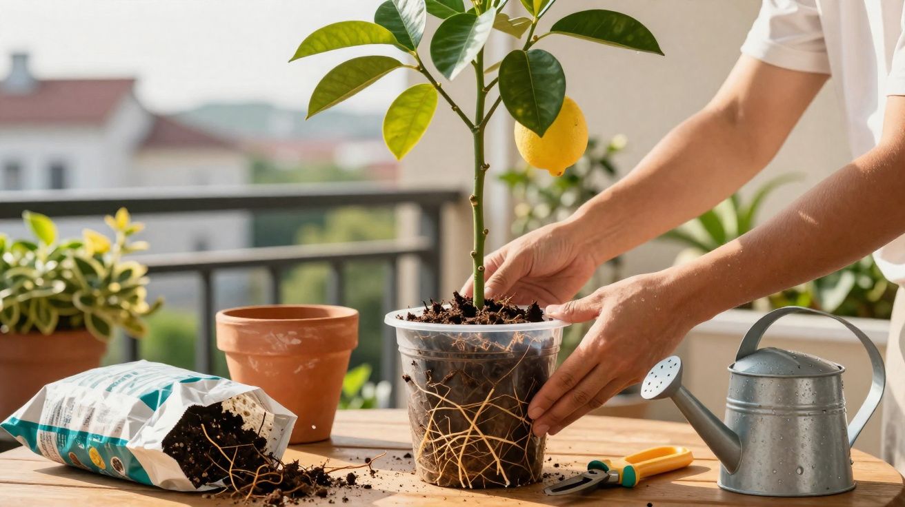 Pessoa a transplantar uma planta de limão num vaso transparente com terra num terraço ensolarado.