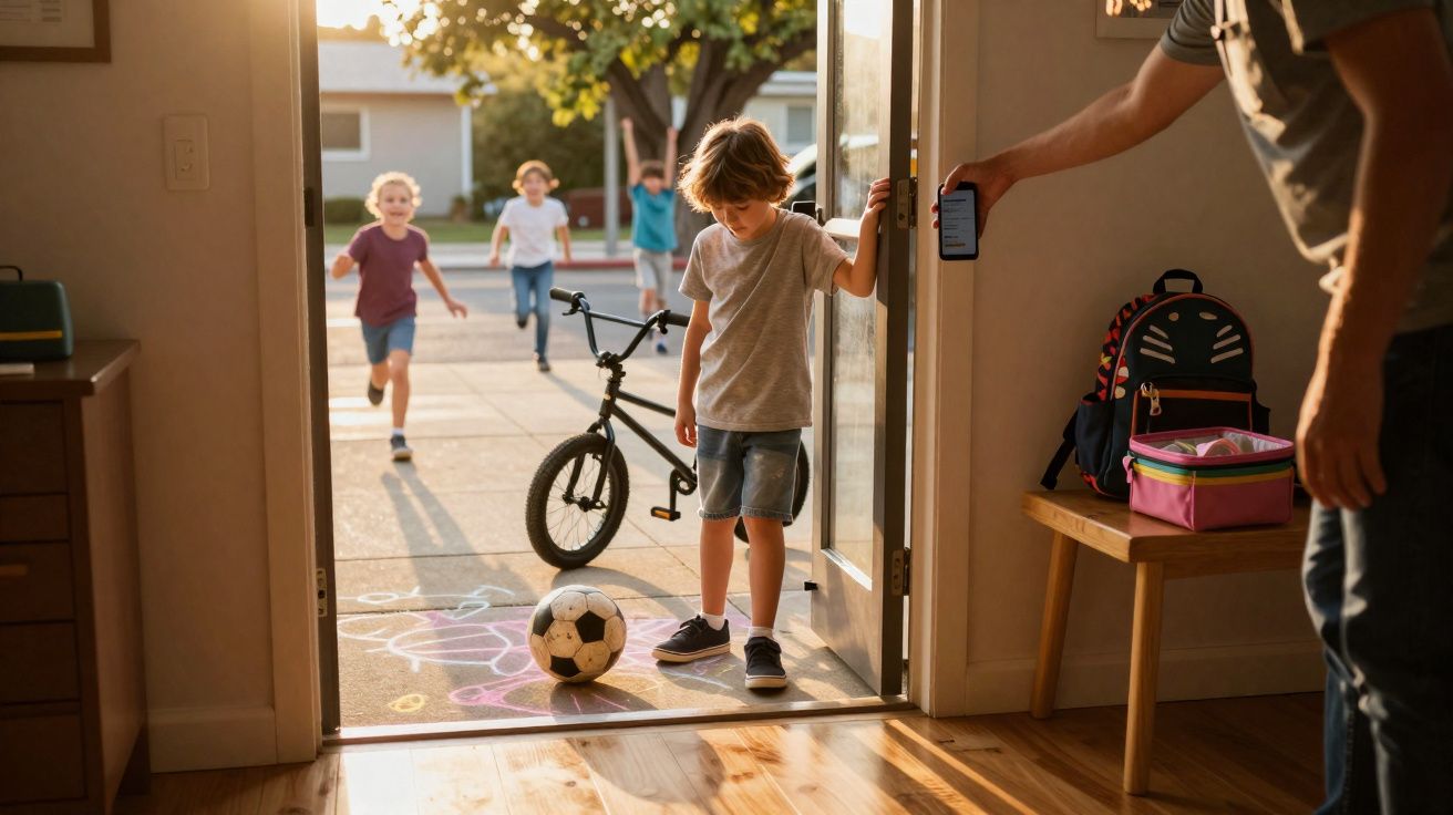 Criança com bola à porta, amigos a correr, bicicleta e adulto a usar telemóvel perto de mochila e lancheira.