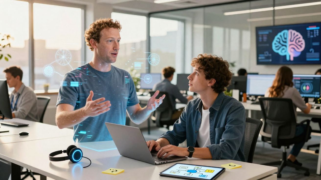 Dois jovens discutem projeto tecnológico num escritório moderno com computadores e gráficos de cérebro ao fundo.