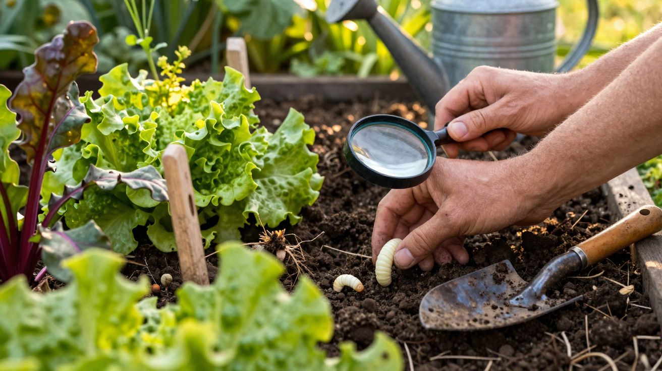 Mãos a examinar com lupa larvas no solo de um canteiro com alfaces e ferramentas de jardinagem.