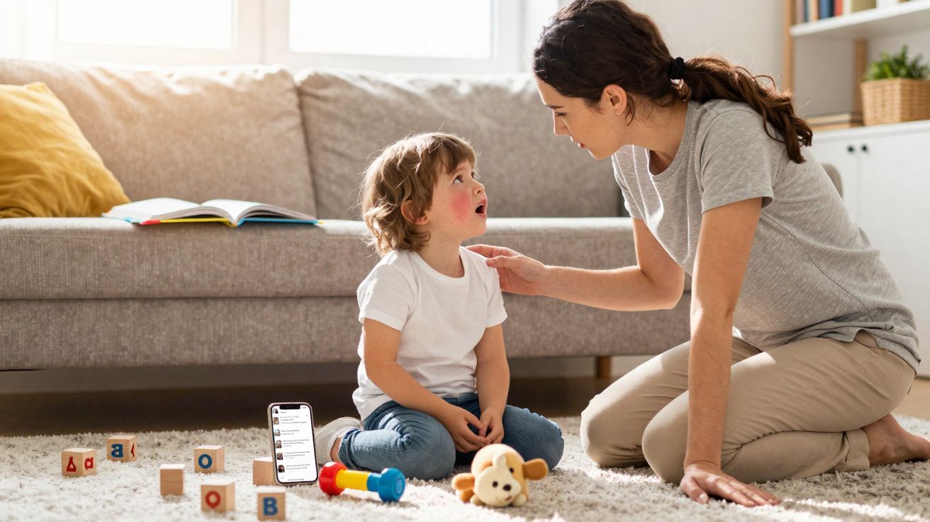 Mulher sentada no chão conversa com criança ao lado de blocos de madeira e brinquedos na sala iluminada.