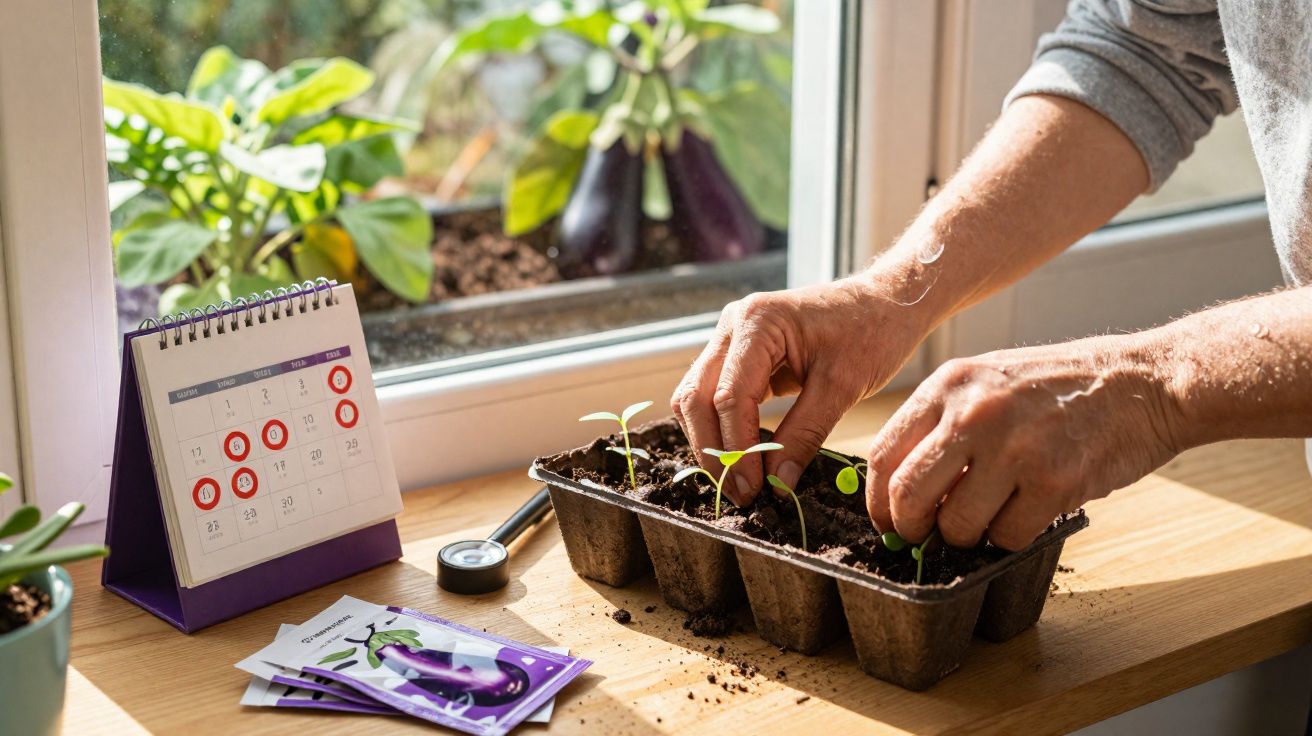 Mãos a transplantar rebentos em tabuleiro com terra junto a janela, perto de sementes, lupa e calendário assinalado.