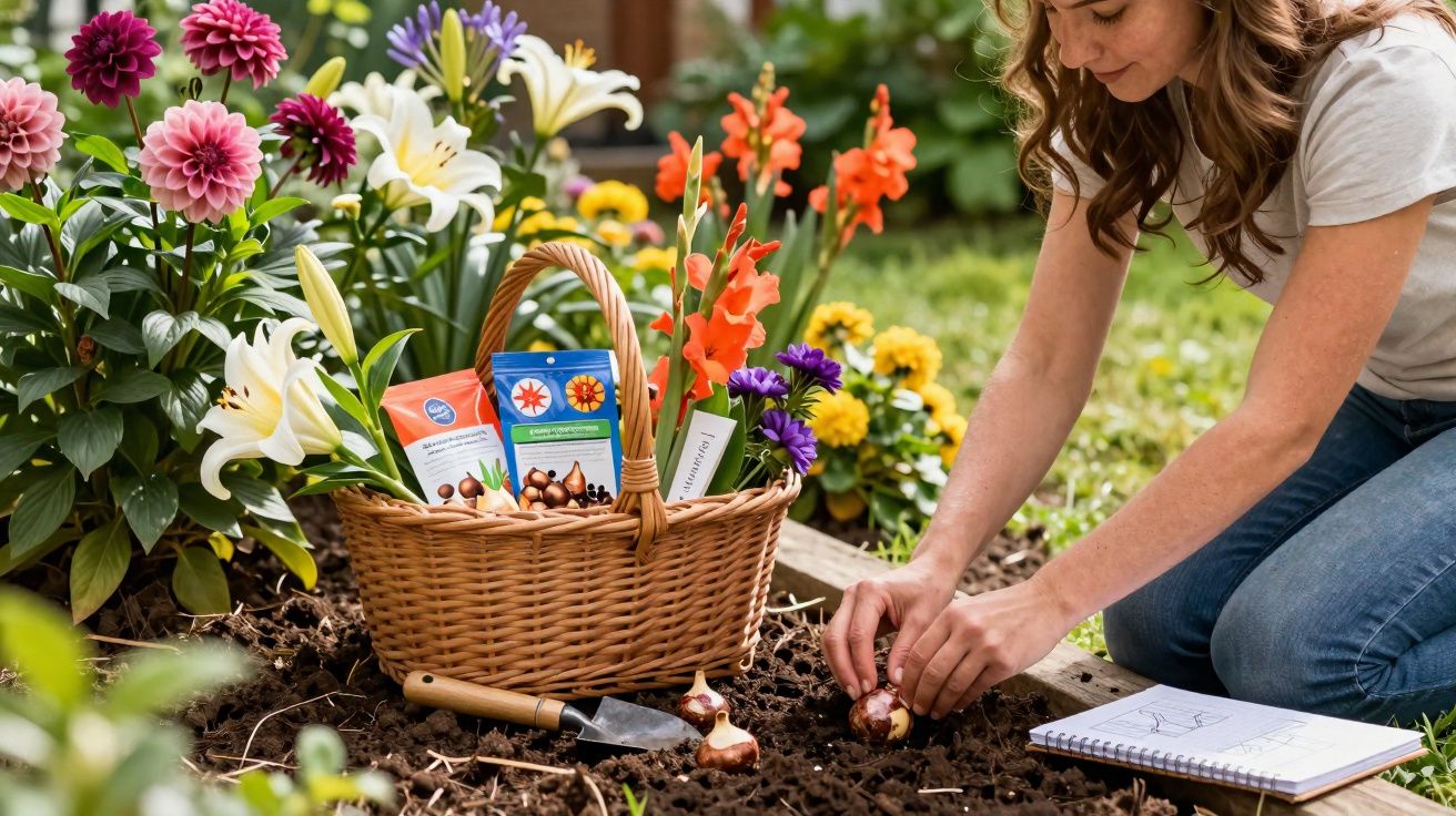 Mulher a plantar bolbos de flores num jardim com cesta de flores e ferramentas ao lado.
