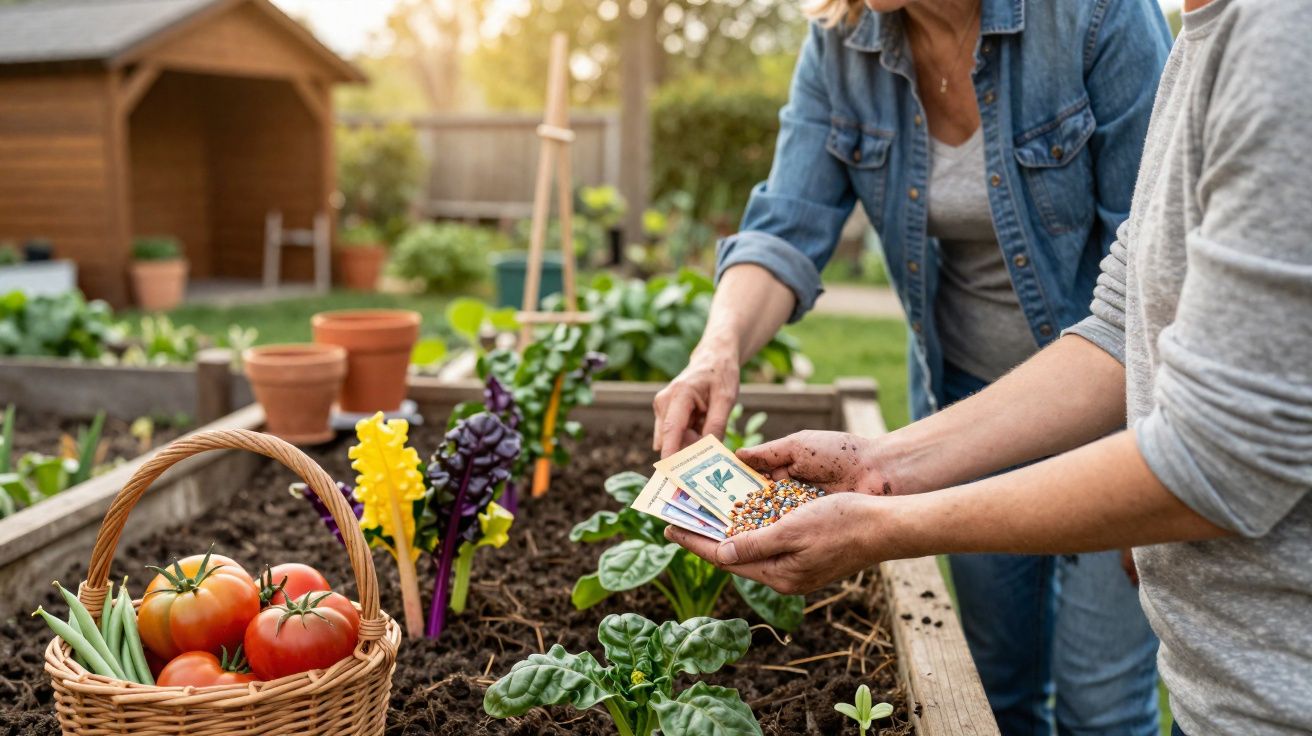 Duas pessoas a plantar sementes numa horta com legumes e tomates colhidos numa cesta de vime.