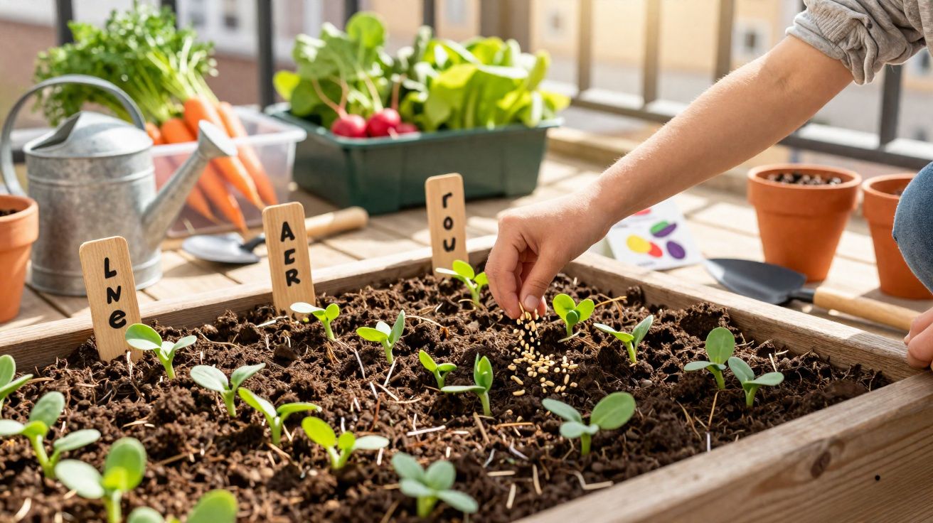 Pessoa a semear sementes numa caixa de madeira com mudas e ferramentas de jardinagem ao fundo.