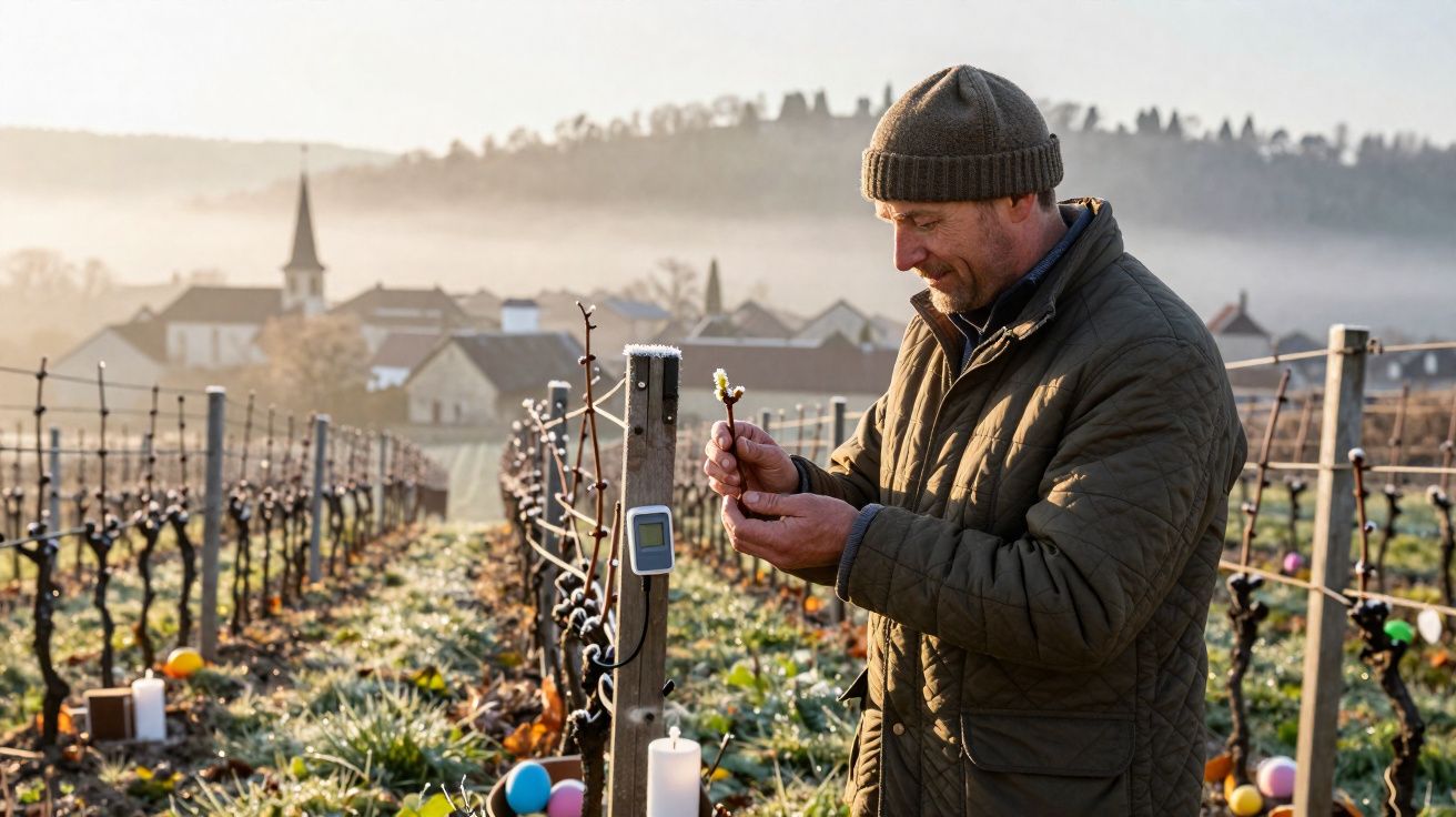 Homem com casaco e gorro examina ramo numa vinha durante dia enevoado com aldeia ao fundo.