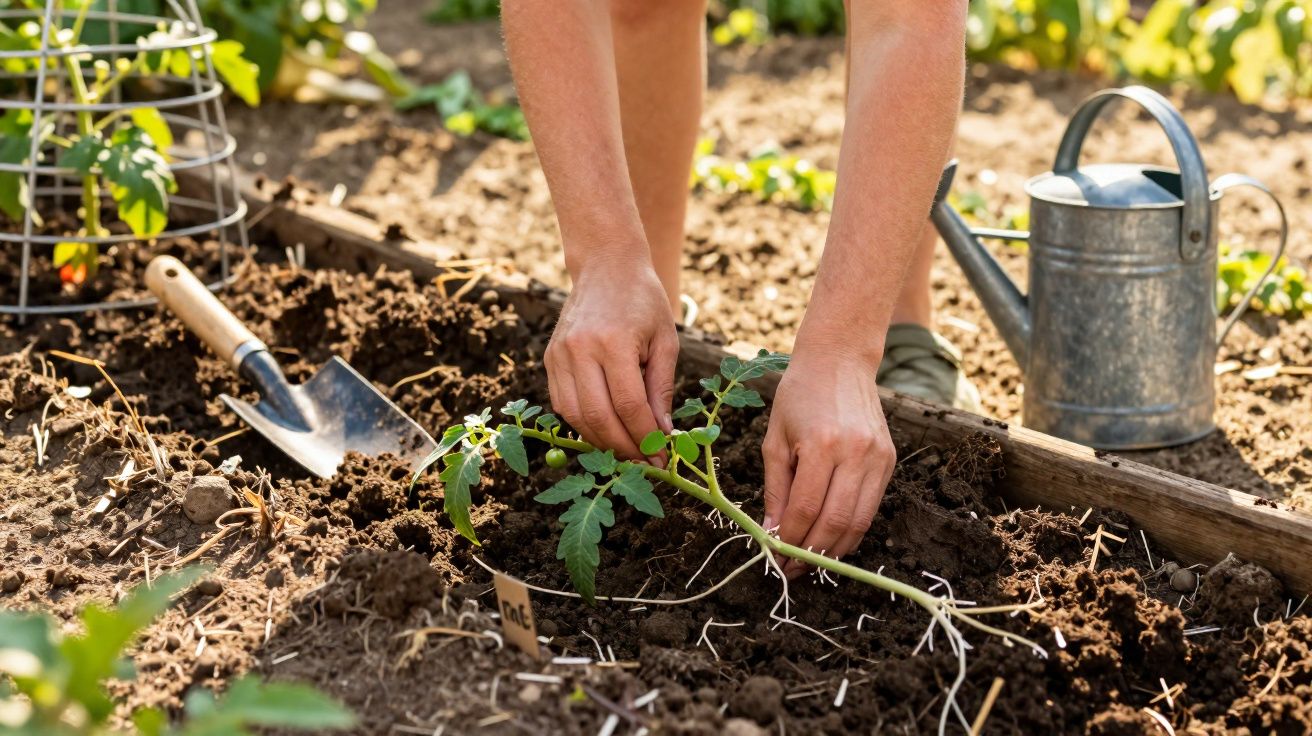 Mãos a plantar uma muda de tomateiro em terra num canteiro com regador e enxada ao lado.
