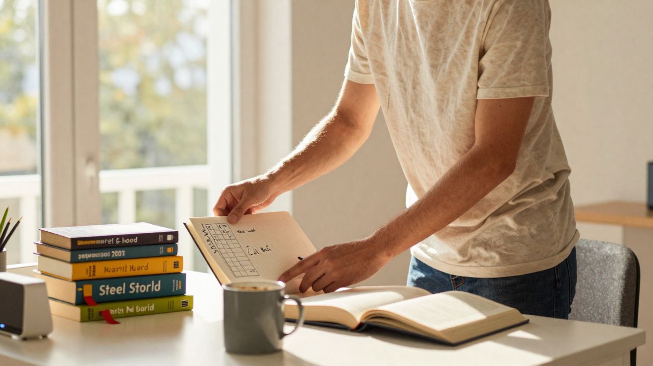 Pessoa a organizar um caderno numa mesa com livros e uma caneca num ambiente iluminado pela luz natural.