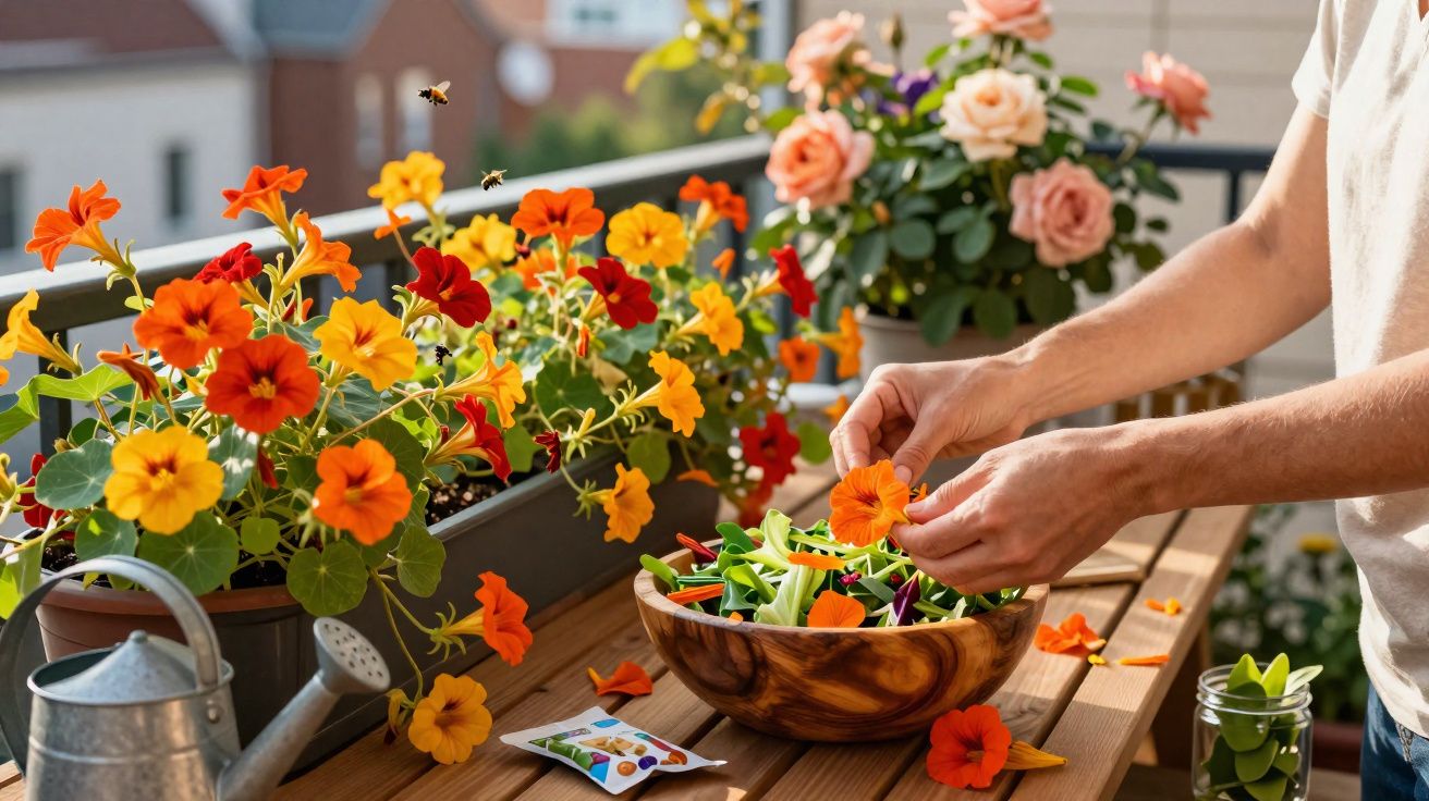 Pessoa a preparar salada com flores comestíveis e plantas coloridas num balcão exterior ensolarado.