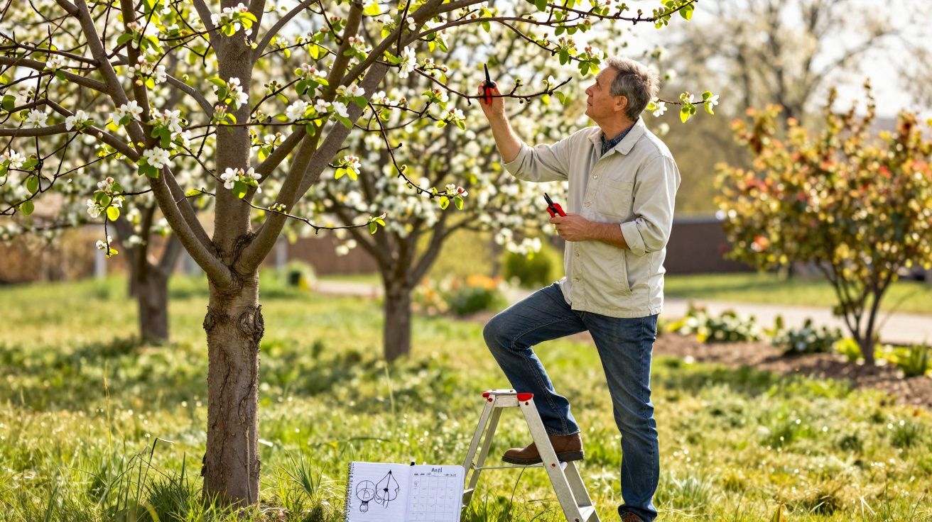 Homem a podar árvore florida numa escada, com planta de projeto no chão numa manhã de primavera.