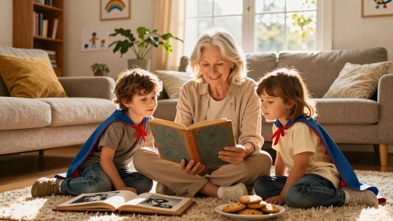Avó sentada no chão a ler um livro para dois netos vestidos com capas azuis em sala iluminada.