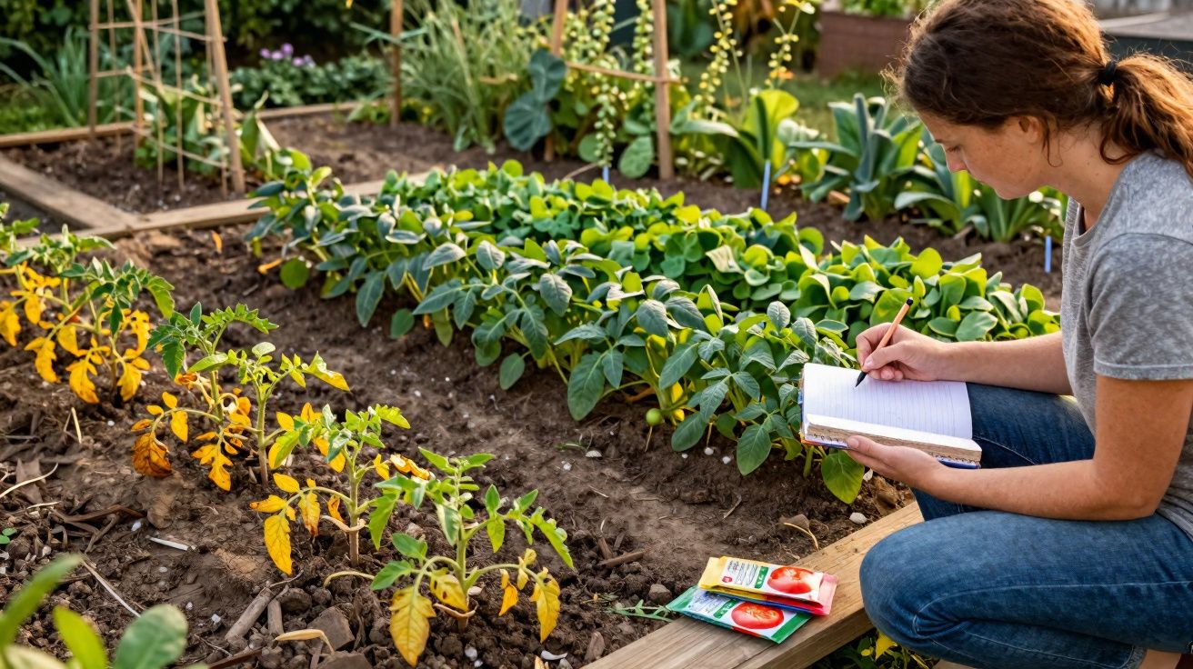 Mulher a tomar notas num caderno junto a plantações em canteiros de uma horta caseira.