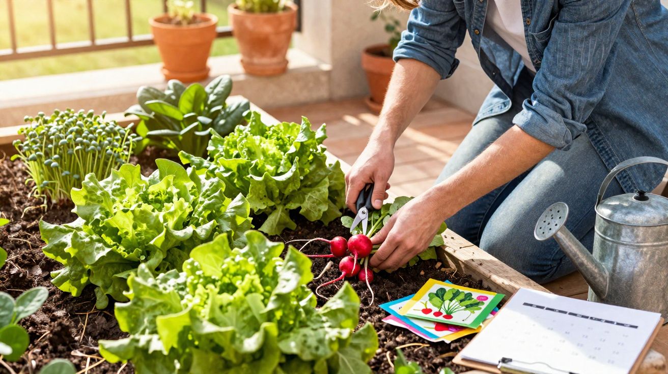 Pessoa a colher rabanetes num canteiro de hortaliças numa varanda com regador e cadernos ao lado.