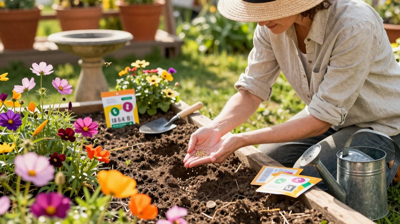 Pessoa a semear flores coloridas num jardim com regador metálico e ferramentas ao lado.