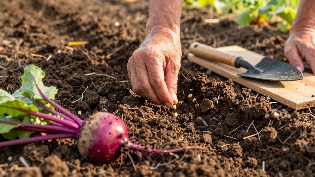 Mãos a plantar sementes na terra de uma horta com uma beterraba e uma pequena enxada ao lado.