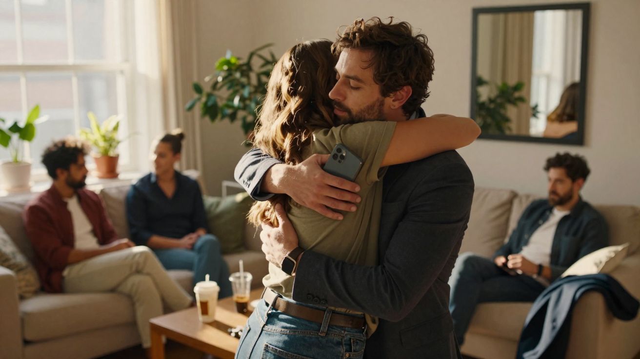 Casal abraçado emocionalmente numa sala com três pessoas sentadas a observar em segundo plano.