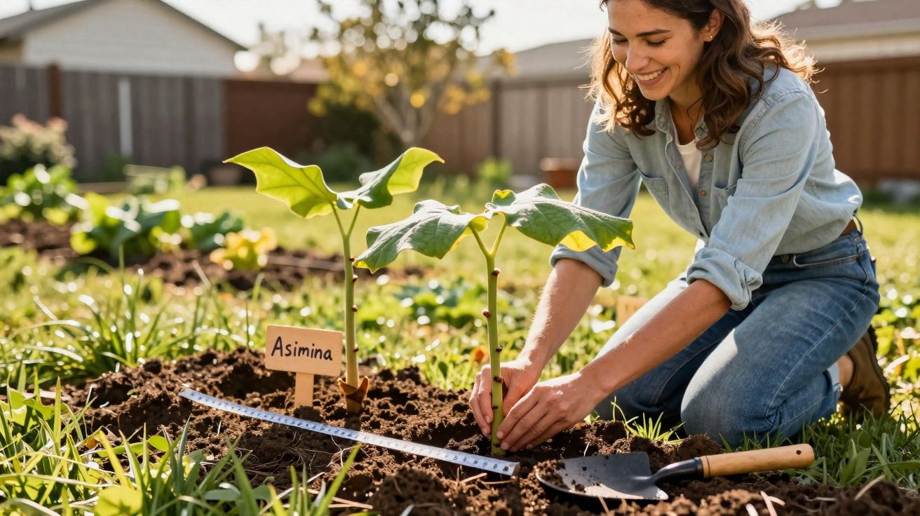 Mulher a plantar mudas de asimina num jardim com ferramentas de jardinagem no chão.