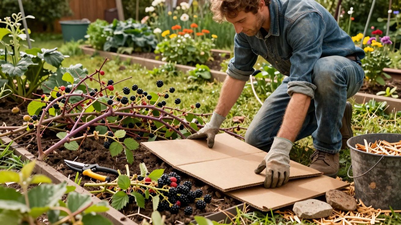 Homem a preparar canteiro de morangos com cartão para evitar ervas daninhas num jardim.