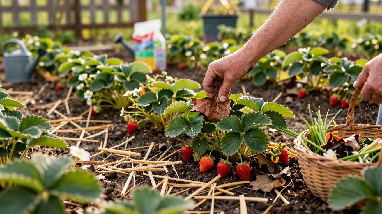 Pessoa a colher morangos maduros numa horta com folhas secas e cesta de colheita.