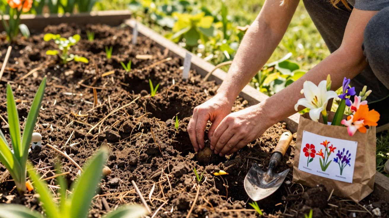 Mãos a plantar bolbos de flores num canteiro de terra, com saco de papel e enxada ao lado.