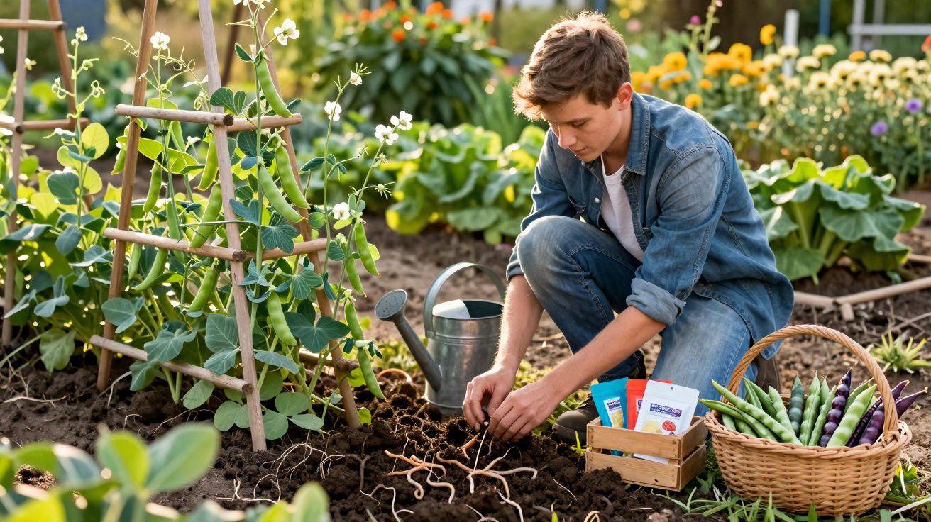 Jovem a plantar sementes numa horta, rodeado de plantas e com balde de rega e cesta de feijões à sua frente.