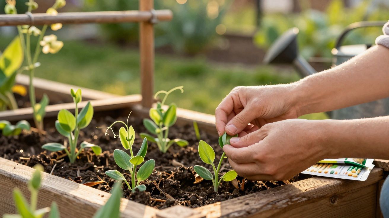 Mãos a cuidar de plantas jovens num canteiro de madeira num jardim ao ar livre ao entardecer.