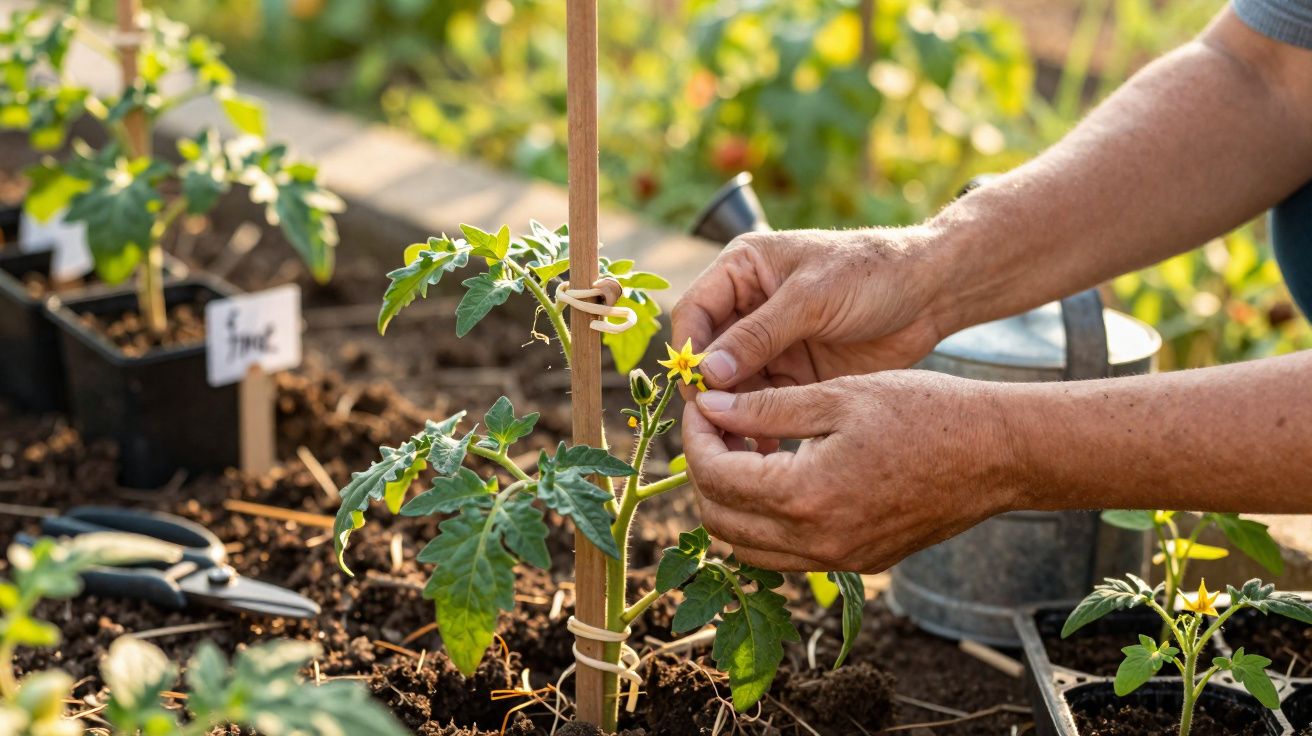 Mãos a cuidar de planta de tomate com flores amarelas num jardim com solo e regador ao fundo.