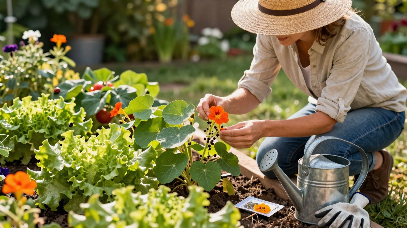 Mulher de chapéu cuida de flores e plantas num jardim com regador e luvas ao lado.