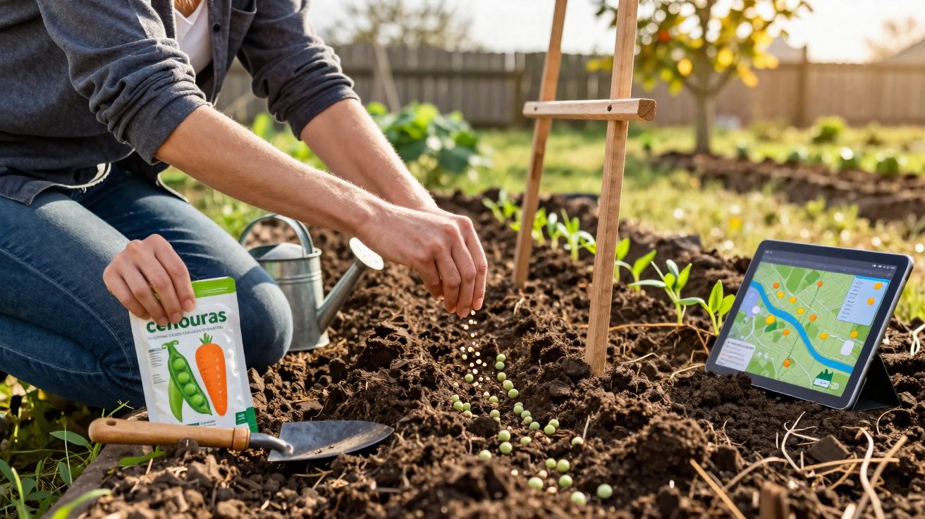 Pessoa a plantar sementes de ervilhas num jardim com uma aplicação de agricultura num tablet ao lado.