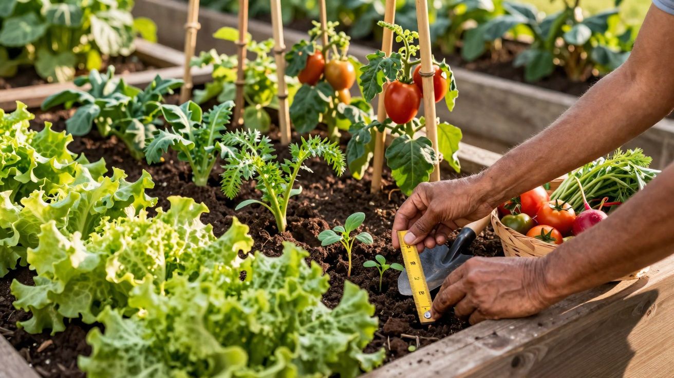 Pessoa a medir plantas num canteiro elevado com alfaces, tomates e outros legumes frescos.