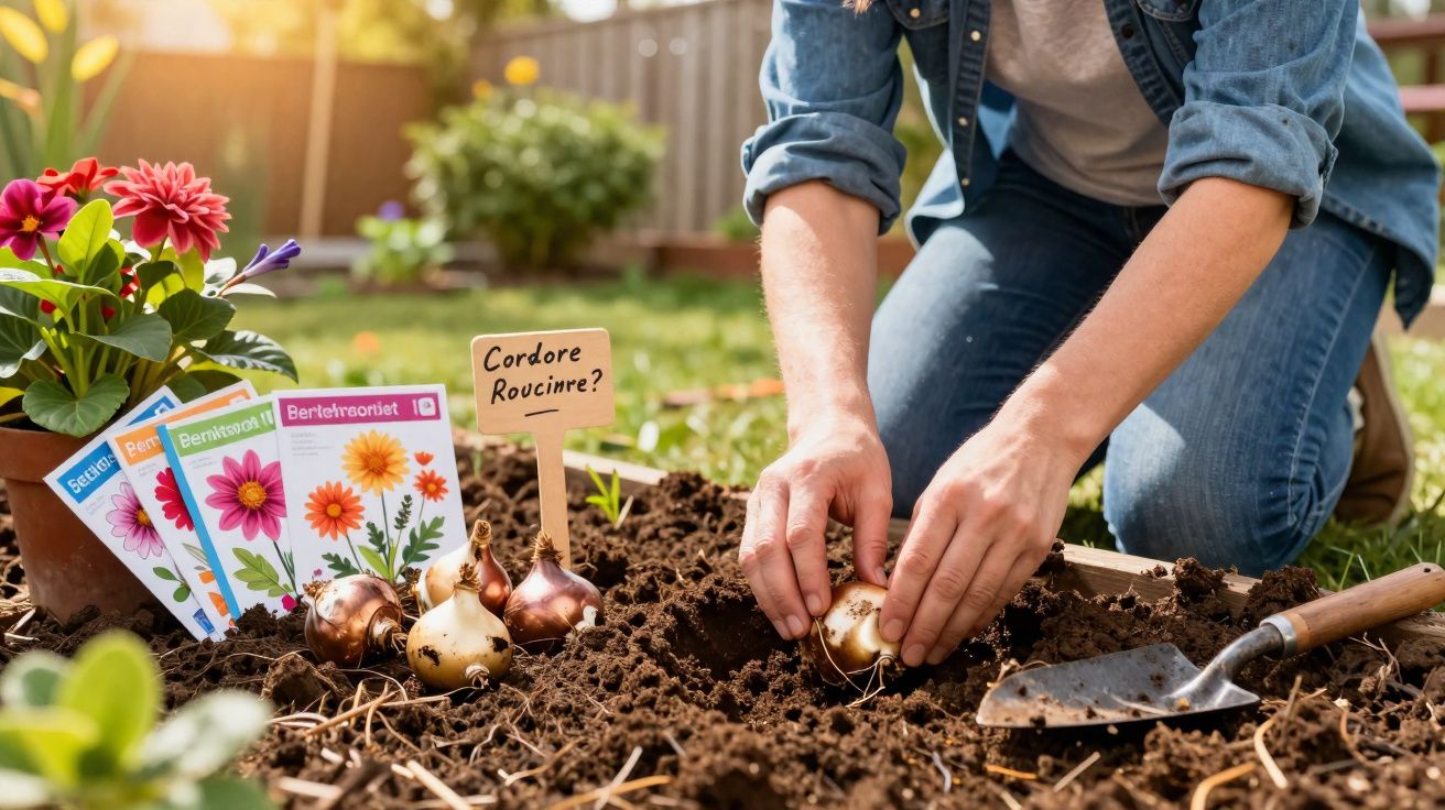 Pessoa a plantar bulbos de flores num canteiro de terra, com pacotes de sementes e flores ao lado.