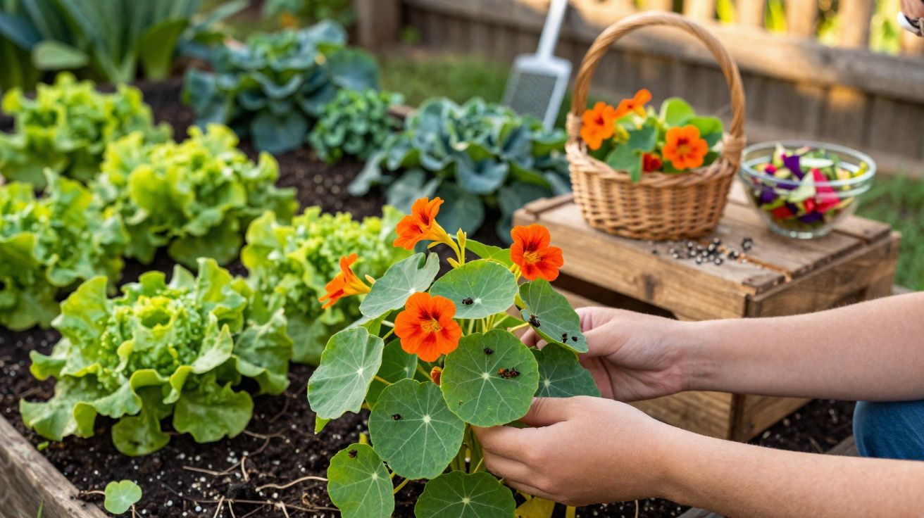 Mãos colhendo flores laranjas numa horta com alfaces e cesto com flores ao fundo.