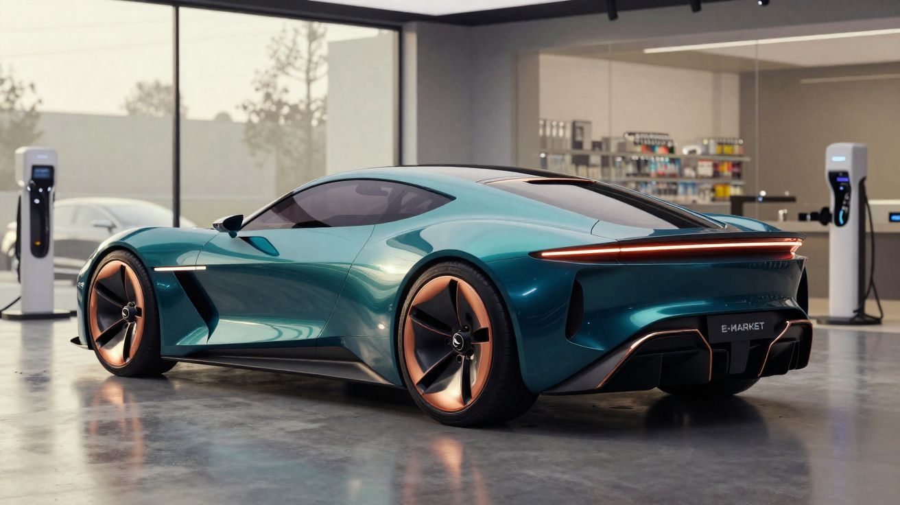 Carro desportivo elétrico azul metálico num espaço interior com postos de carregamento elétrico.