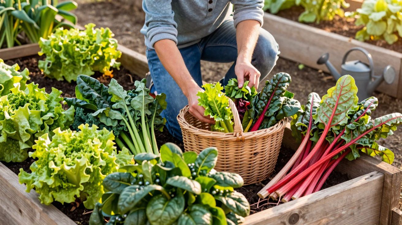 Pessoa a colher verduras frescas num cesto numa horta com canteiros de madeira.