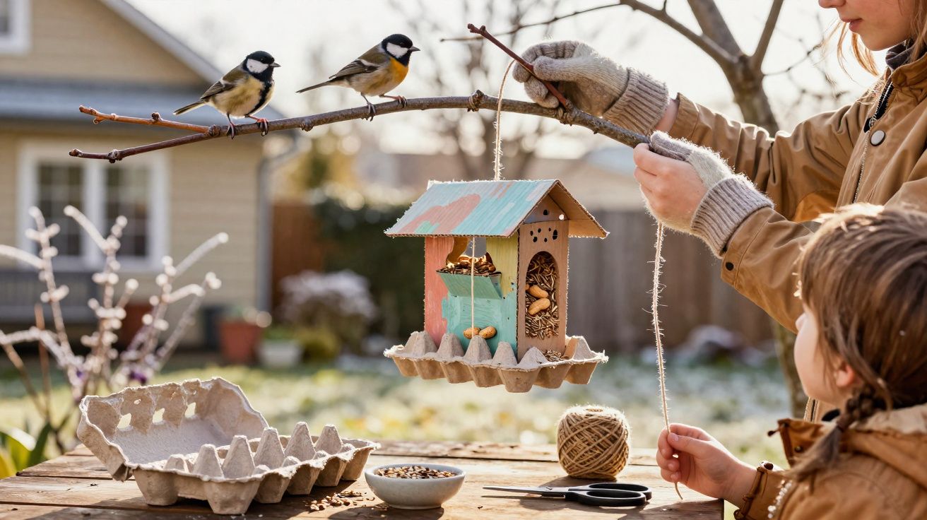 Duas pessoas penduram comedouro colorido para pássaros no jardim, com dois pássaros pousados num ramo.